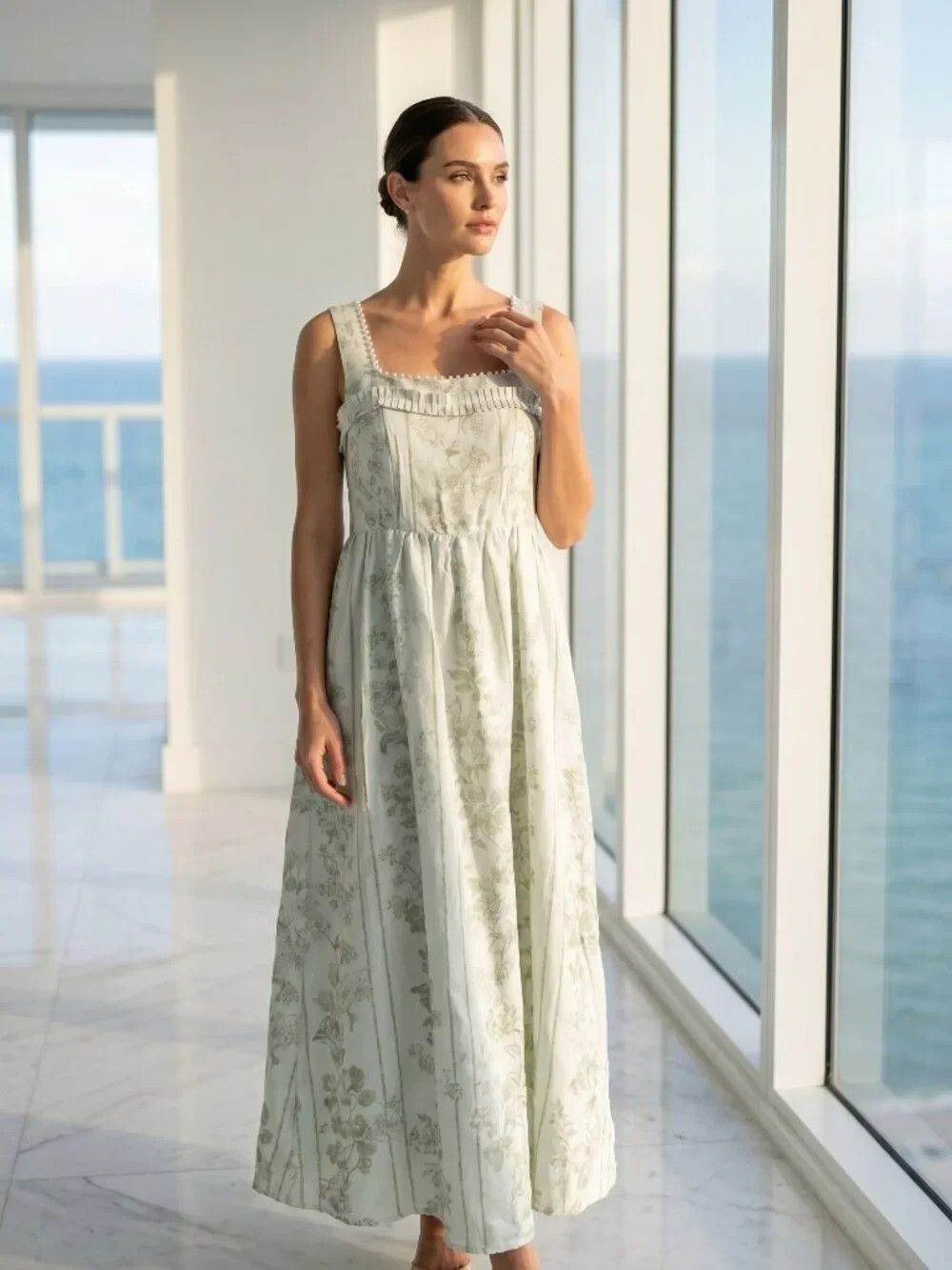 Caroline Constas womens Green Floral Pearl Neck Linen Long Maxi Dress size Small